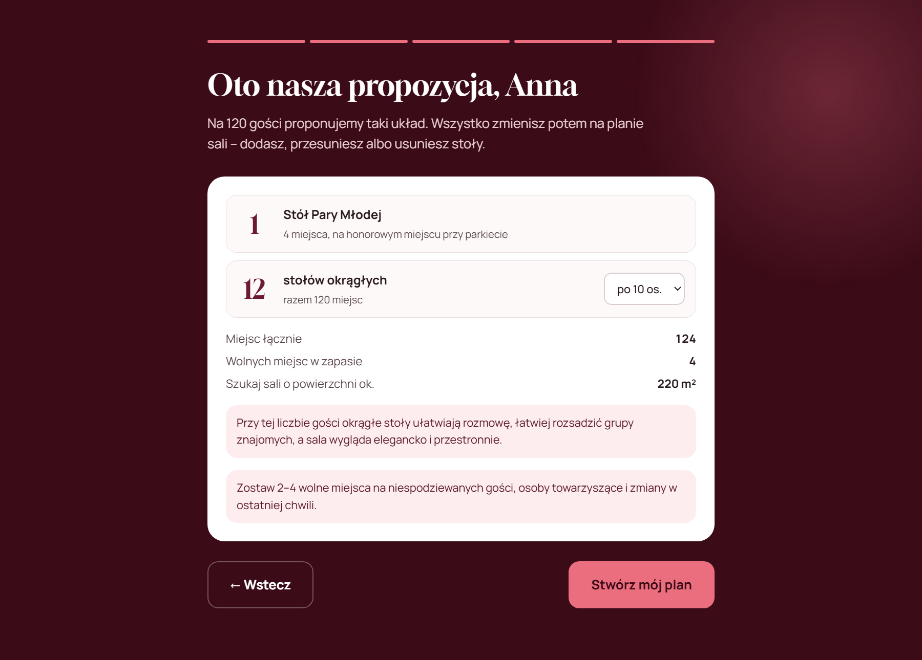 Konfigurator Welonu proponuje 12 okrągłych stołów po 10 osób dla 120 gości